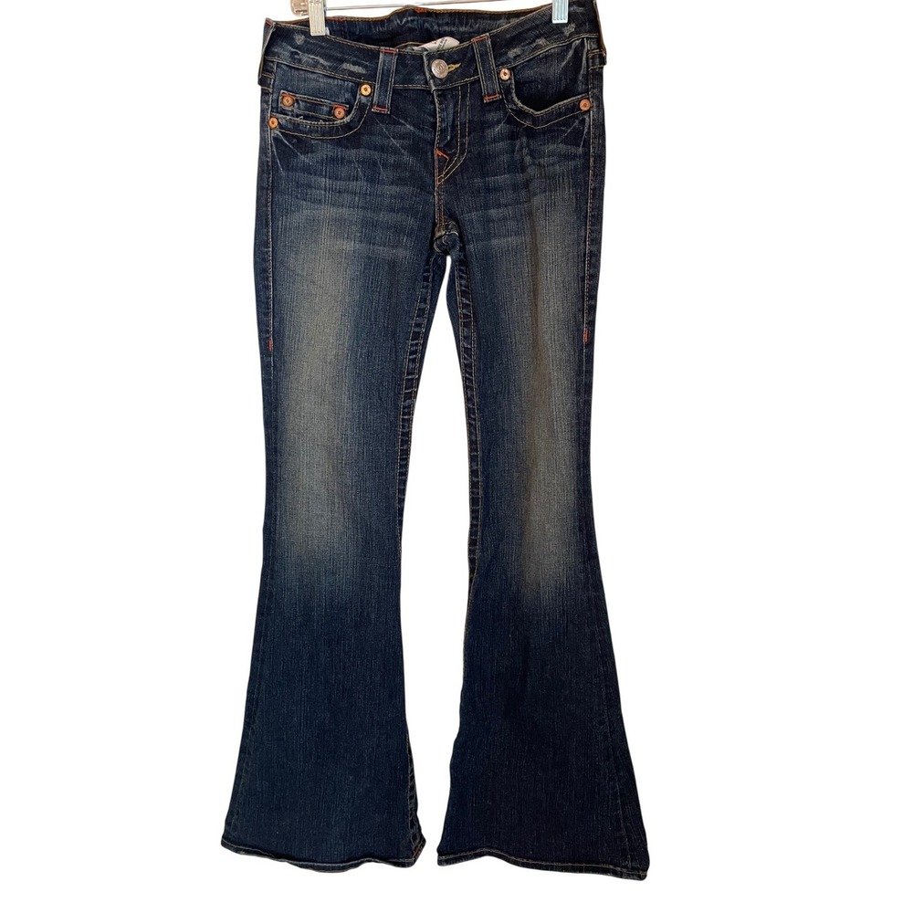 True Religion Vtg Y2k Carrie Dark Wash Low Rise Flare Jeans USA Made Size 28